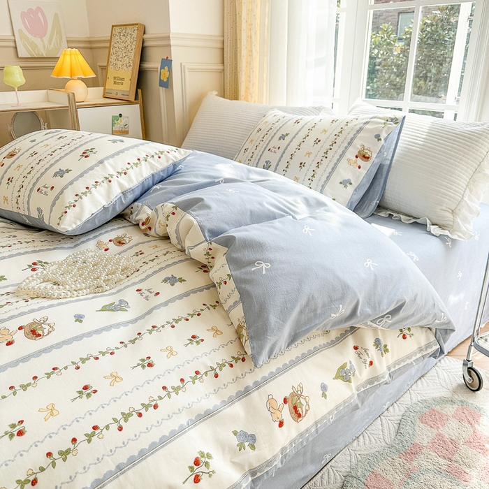 91家纺网 家纺一手货源 找家纺 清雅福 2023新款全棉小清新四件套 草莓园