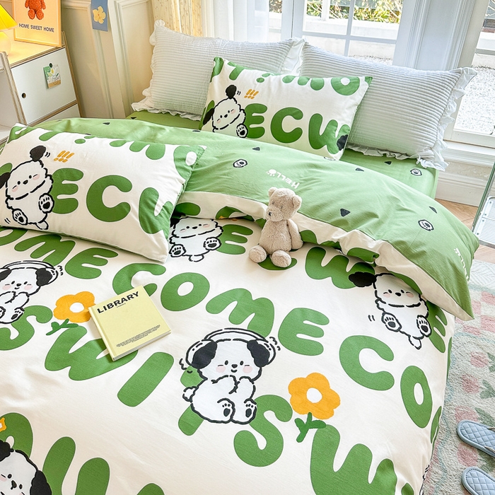 91家纺网 家纺一手货源 找家纺 清雅福 2023新款全棉小清新四件套 皮皮狗