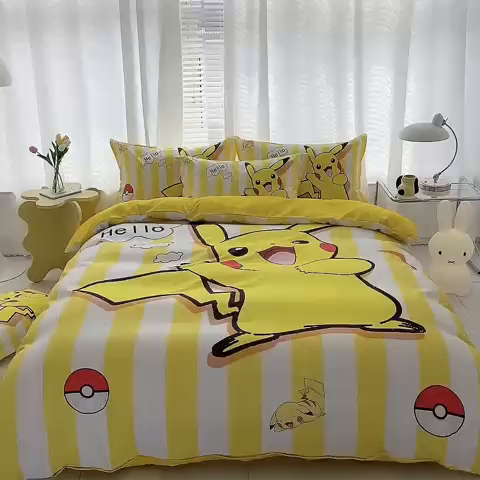 91家纺网 家纺一手货源 找家纺 卡通被套单件被罩男女儿童学生宿舍单人被单男孩卡幼儿园单人被罩 开心皮卡丘