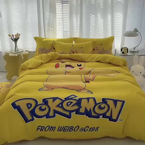 91家纺网 家纺一手货源 找家纺 卡通被套单件被罩男女儿童学生宿舍单人被单男孩卡幼儿园单人被罩 唱歌皮卡丘