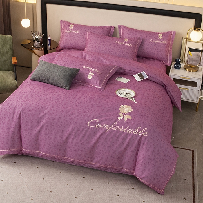 91家纺网 家纺一手货源 找家纺 优尚家纺2025新款肌理纹刺绣款四件套 豆沙红