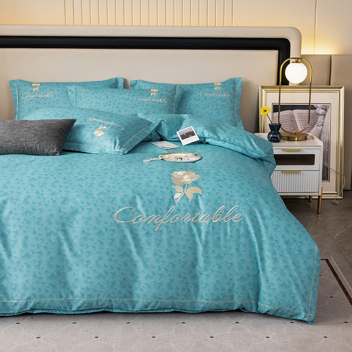 91家纺网 家纺一手货源 找家纺 优尚家纺2025新款肌理纹刺绣款四件套 海洋蓝