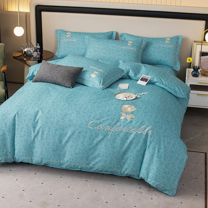 91家纺网 家纺一手货源 找家纺 优尚家纺2025新款肌理纹刺绣款四件套 海洋蓝