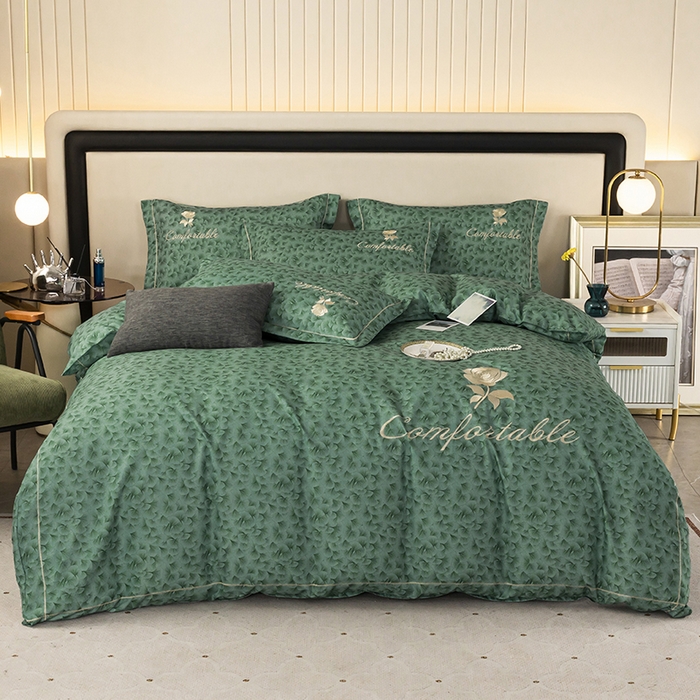 91家纺网 家纺一手货源 找家纺 优尚家纺2025新款肌理纹刺绣款四件套 孔雀绿