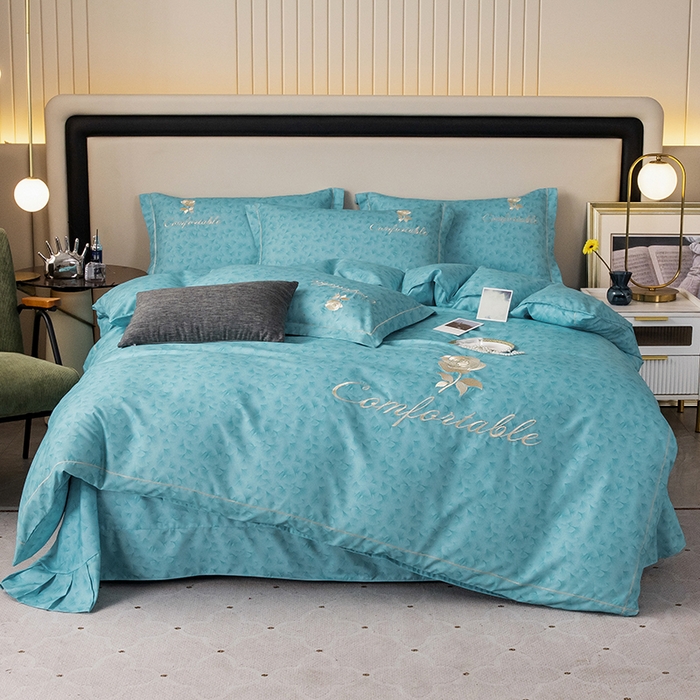 91家纺网 家纺一手货源 找家纺 优尚家纺2025新款肌理纹刺绣款四件套 海洋蓝