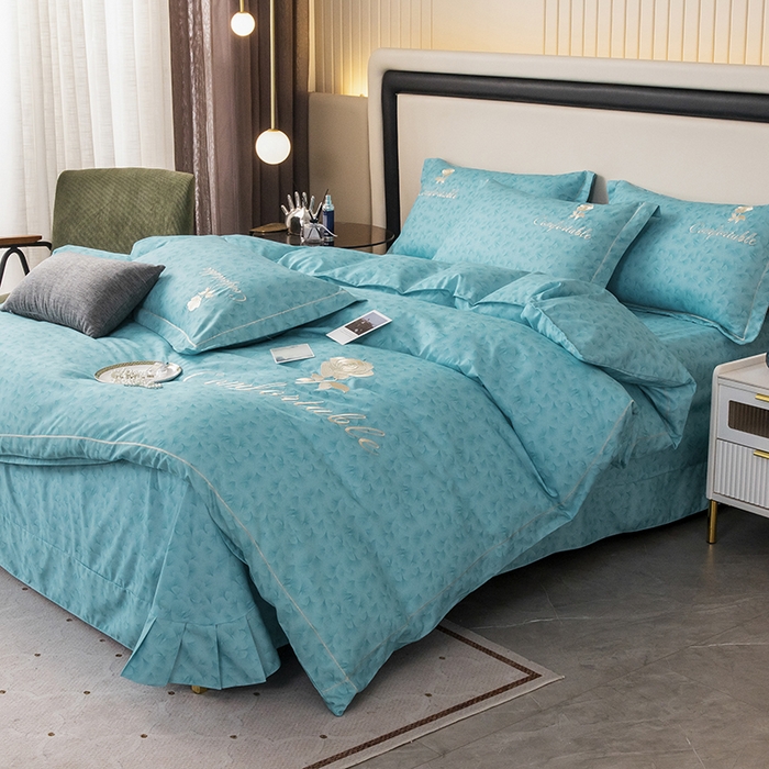 91家纺网 家纺一手货源 找家纺 优尚家纺2025新款肌理纹刺绣款四件套 海洋蓝