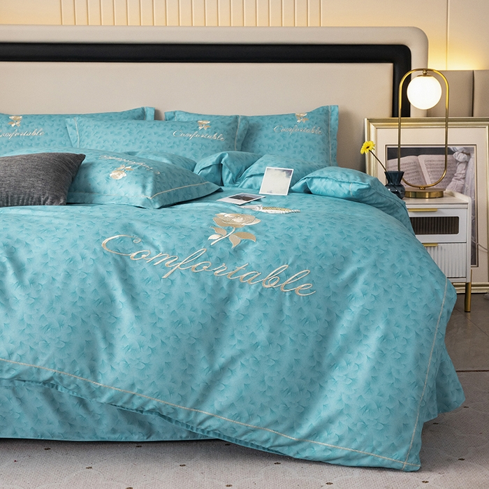 91家纺网 家纺一手货源 找家纺 优尚家纺2025新款肌理纹刺绣款四件套 海洋蓝