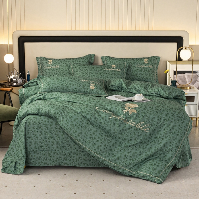 91家纺网 家纺一手货源 找家纺 优尚家纺2025新款肌理纹刺绣款四件套 孔雀绿