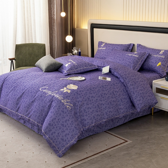 91家纺网 家纺一手货源 找家纺 优尚家纺2025新款肌理纹刺绣款四件套 罗兰紫