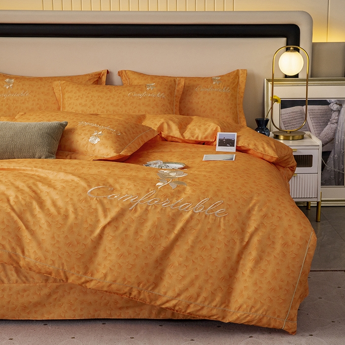 91家纺网 家纺一手货源 找家纺 优尚家纺2025新款肌理纹刺绣款四件套 魅力橙