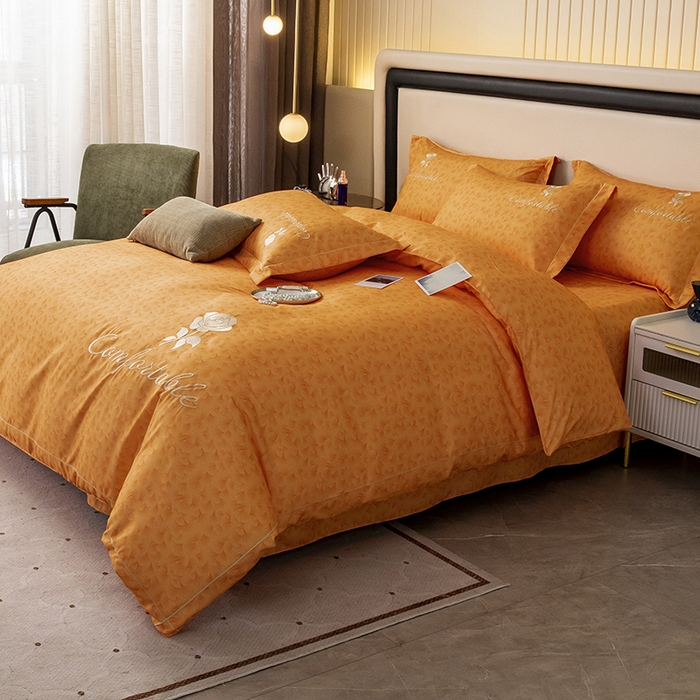 91家纺网 家纺一手货源 找家纺 优尚家纺2025新款肌理纹刺绣款四件套 魅力橙