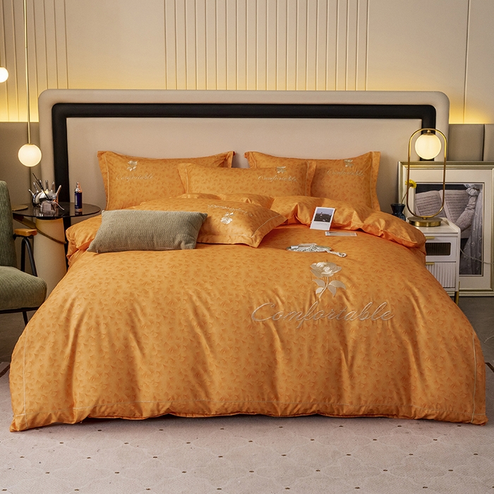 91家纺网 家纺一手货源 找家纺 优尚家纺2025新款肌理纹刺绣款四件套 魅力橙