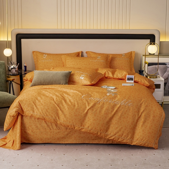 91家纺网 家纺一手货源 找家纺 优尚家纺2025新款肌理纹刺绣款四件套 魅力橙