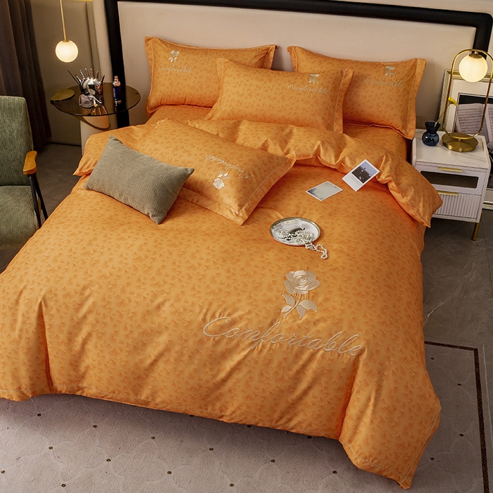 91家纺网 家纺一手货源 找家纺 优尚家纺2025新款肌理纹刺绣款四件套 魅力橙