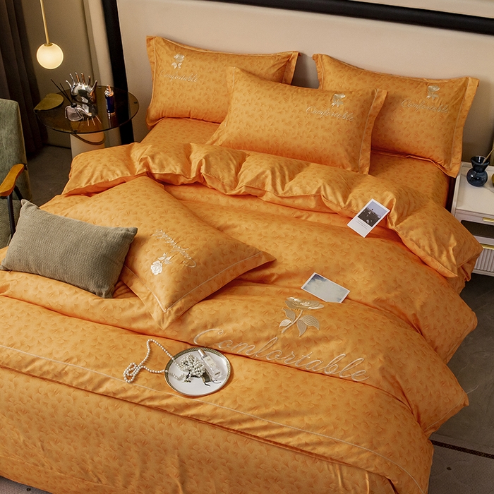 91家纺网 家纺一手货源 找家纺 优尚家纺2025新款肌理纹刺绣款四件套 魅力橙