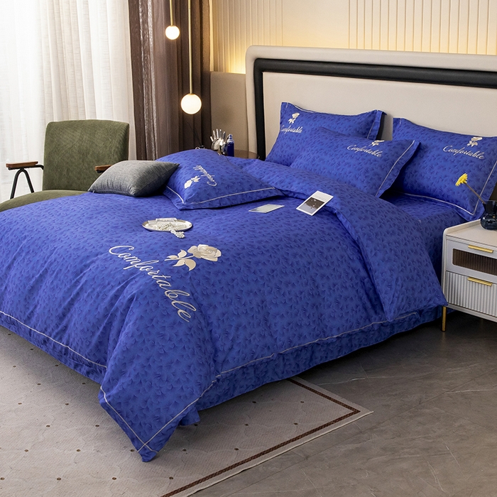 91家纺网 家纺一手货源 找家纺 优尚家纺2025新款肌理纹刺绣款四件套 轻奢蓝