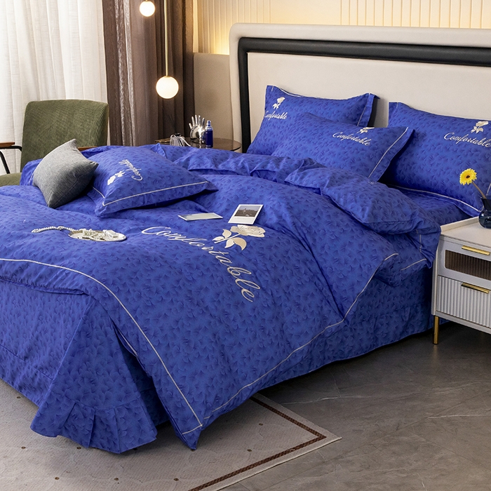 91家纺网 家纺一手货源 找家纺 优尚家纺2025新款肌理纹刺绣款四件套 轻奢蓝