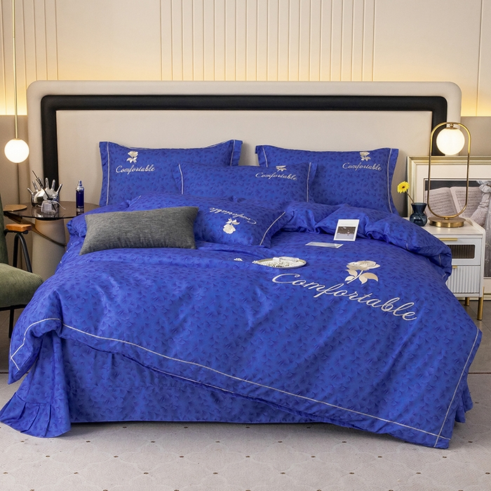 91家纺网 家纺一手货源 找家纺 优尚家纺2025新款肌理纹刺绣款四件套 轻奢蓝