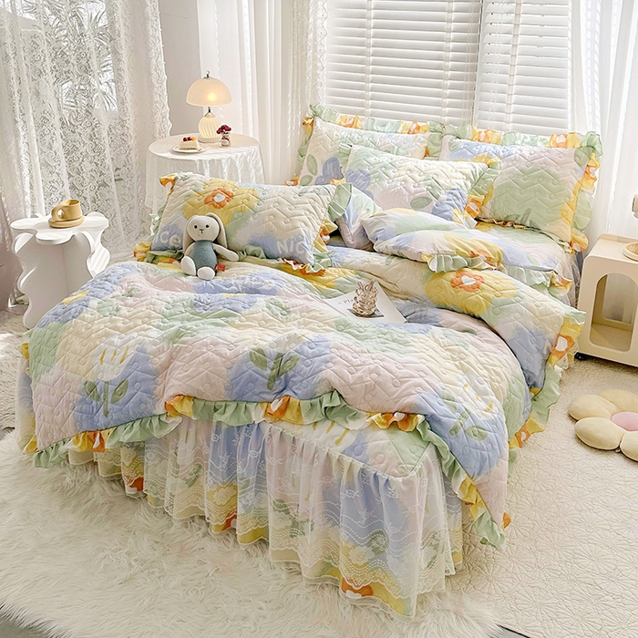 91家纺网 家纺一手货源 找家纺 宜凡 2023新款云朵棉床笠式床裙三件套 米娅