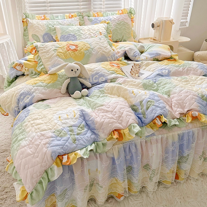 91家纺网 家纺一手货源 找家纺 宜凡 2023新款云朵棉床笠式床裙三件套 米娅