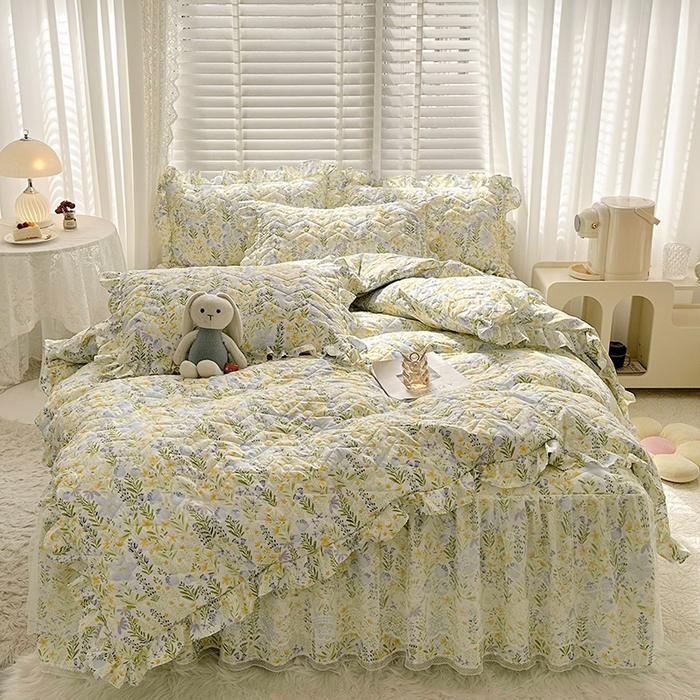 91家纺网 家纺一手货源 找家纺 宜凡 2023新款云朵棉床笠式床裙三件套 艾罗花园