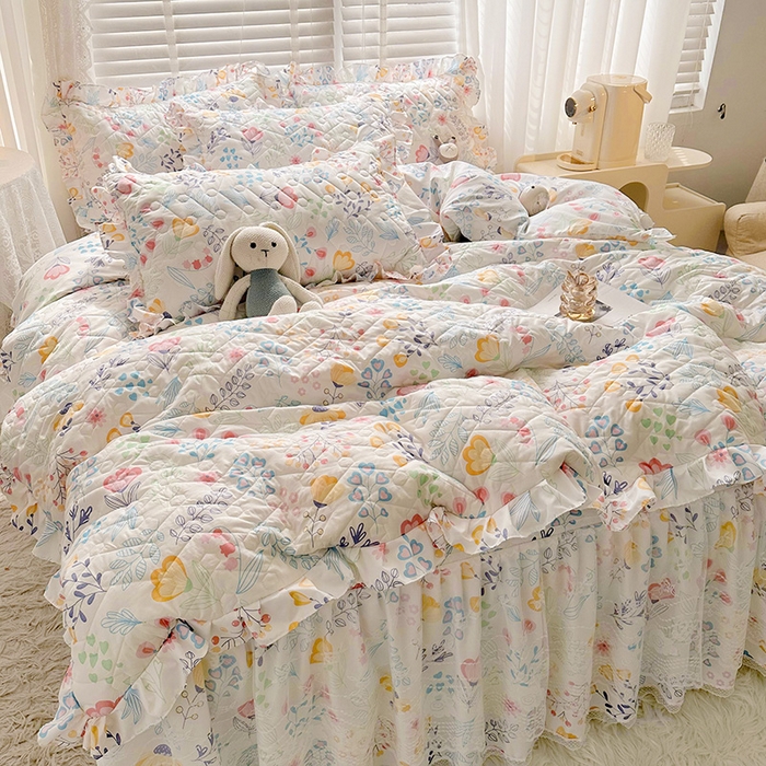 91家纺网 家纺一手货源 找家纺 宜凡 2023新款云朵棉床笠式床裙三件套 花恬梦语