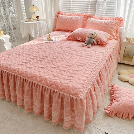 宜凡 2023新款云朵棉床笠式床裙三件套 蜜桔粉