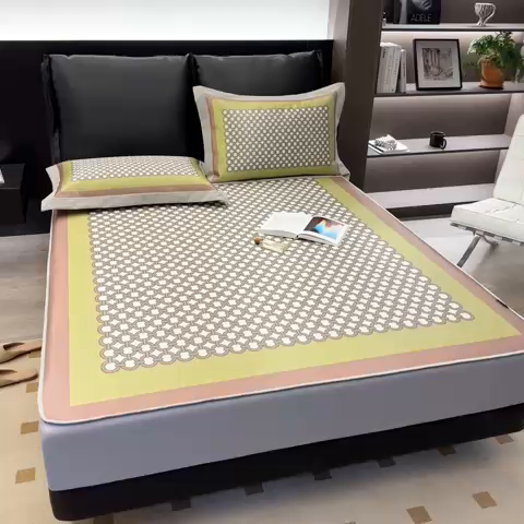 91家纺网 家纺一手货源 找家纺 2023新款高端可水洗冰丝席床笠款 圈点人生-绿 床笠