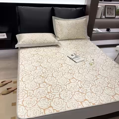 91家纺网 家纺一手货源 找家纺 2023新款高端可水洗冰丝席床笠款 浪漫花语-咖 床笠