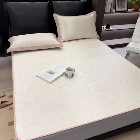 91家纺网 家纺一手货源 找家纺 2023新款高端可水洗冰丝席床笠款 浪漫花语-粉 床笠