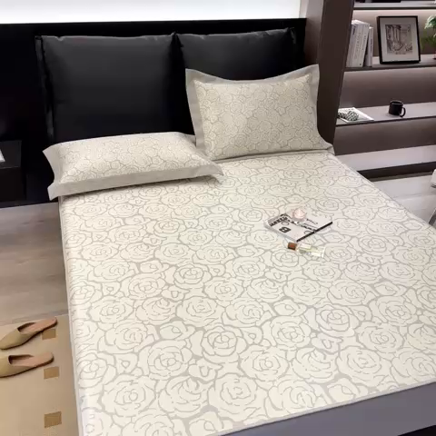 91家纺网 家纺一手货源 找家纺 2023新款高端可水洗冰丝席床笠款 浪漫花语-灰 床笠