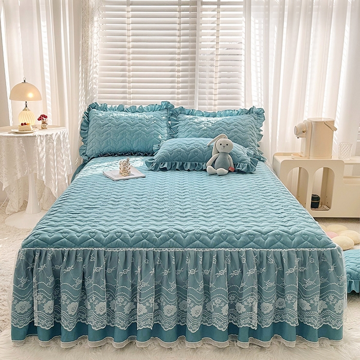 91家纺网 家纺一手货源 找家纺 宜凡家纺 2023新款云朵棉床笠式床裙四件套 奥黛蓝