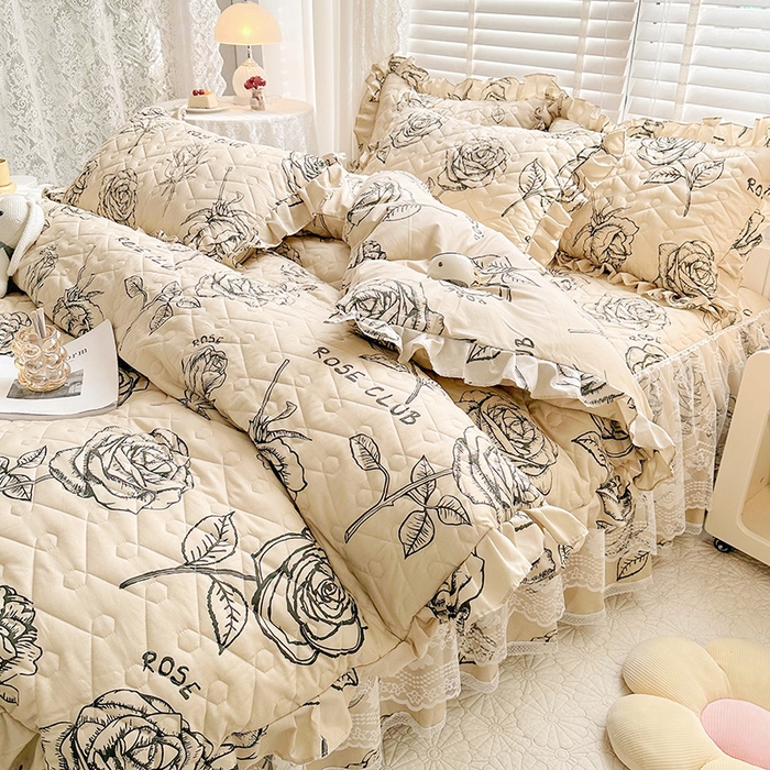 91家纺网 家纺一手货源 找家纺 宜凡家纺 2023新款云朵棉床笠式床裙四件套 嫣语