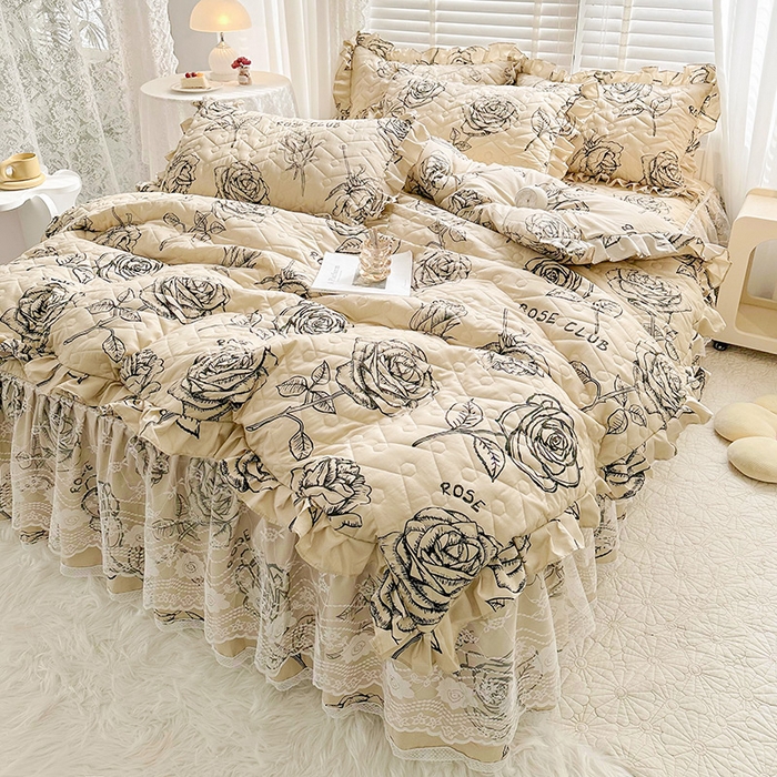 91家纺网 家纺一手货源 找家纺 宜凡家纺 2023新款云朵棉床笠式床裙四件套 嫣语