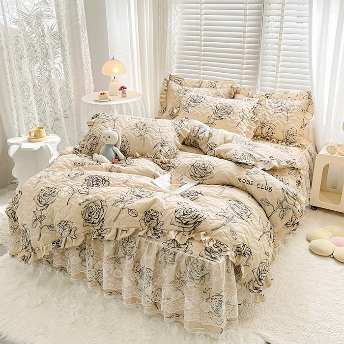 91家纺网 家纺一手货源 找家纺 宜凡家纺 2023新款云朵棉床笠式床裙四件套 嫣语