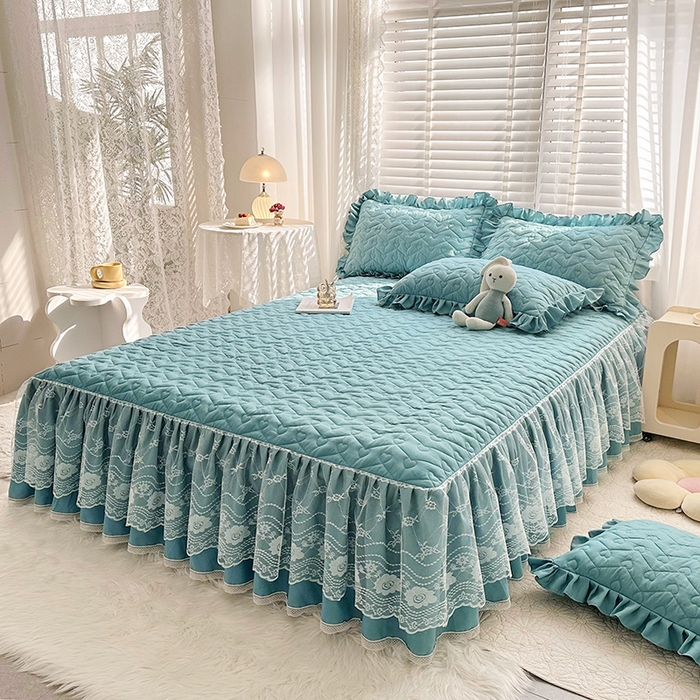 91家纺网 家纺一手货源 找家纺 宜凡家纺 2023新款云朵棉床笠式床裙四件套 奥黛蓝