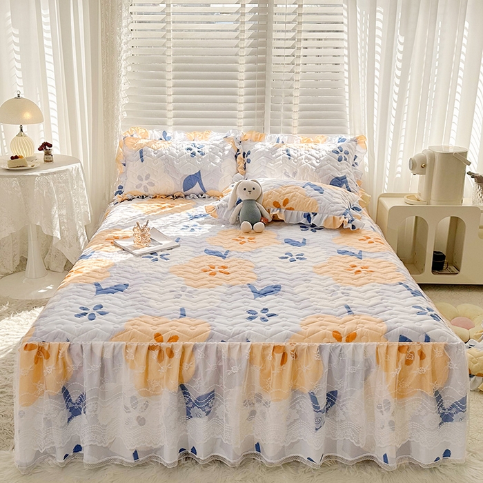 91家纺网 家纺一手货源 找家纺 宜凡家纺 2023新款云朵棉床笠式床裙四件套 梨花香