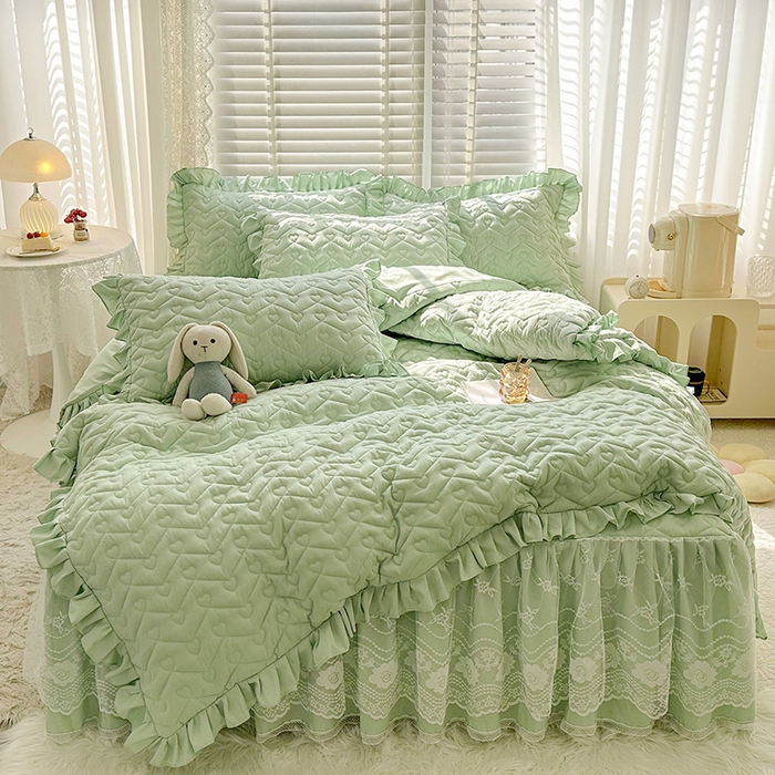 91家纺网 家纺一手货源 找家纺 宜凡家纺 2023新款云朵棉床笠式床裙四件套 薄荷绿