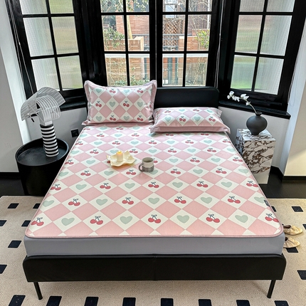 本希家居2023新款时尚高端款冰丝席床笠款 粉格樱桃