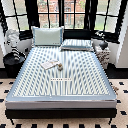 本希家居2023新款时尚高端款冰丝席床笠款 蓝条纹