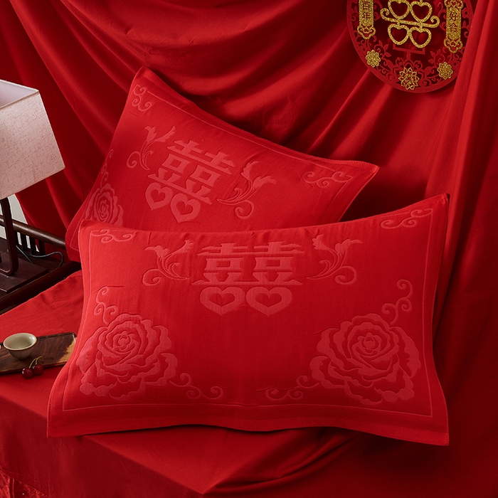 91家纺网 家纺一手货源 找家纺 （总）棠薇2023结婚枕巾高端婚庆6层纱布全棉纯棉一对装大红色陪嫁新婚枕头巾