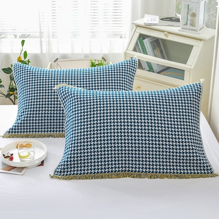 91家纺网 家纺一手货源 找家纺 棠薇2023新款纯棉枕巾加厚纱布枕头巾一对装成人加大四季单人枕芯盖巾  雀格纹-蓝52*75±2cm