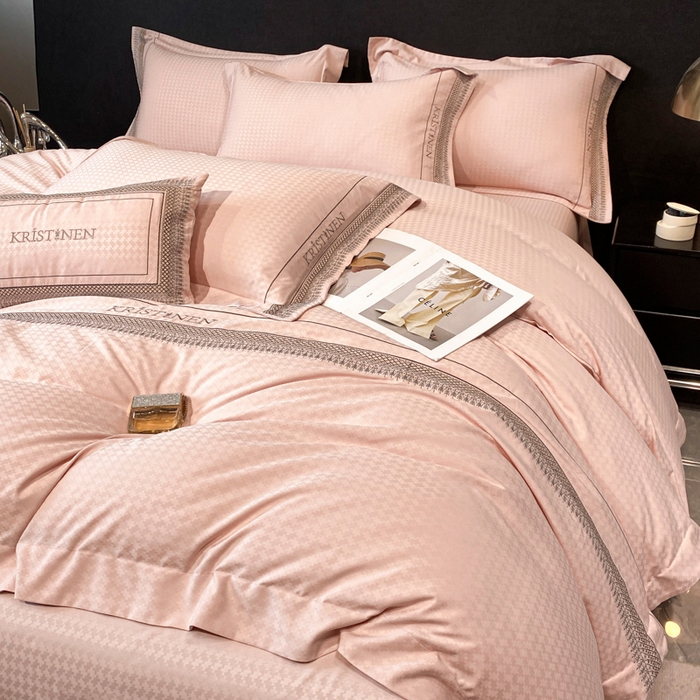 91家纺网 家纺一手货源 找家纺 安妮 2023新款简约提花刺绣四件套-缇娜夫人 缇娜夫人-粉