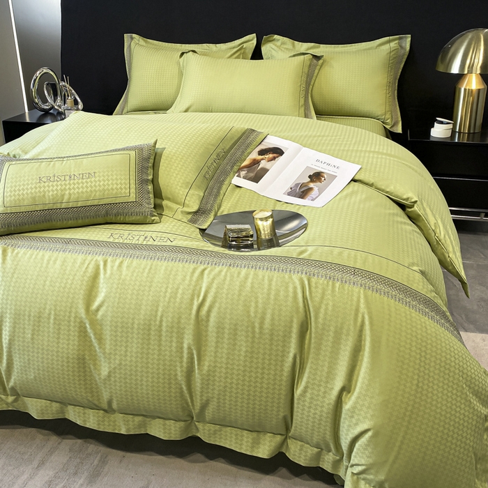 91家纺网 家纺一手货源 找家纺 安妮 2023新款简约提花刺绣四件套-缇娜夫人 缇娜夫人-果绿