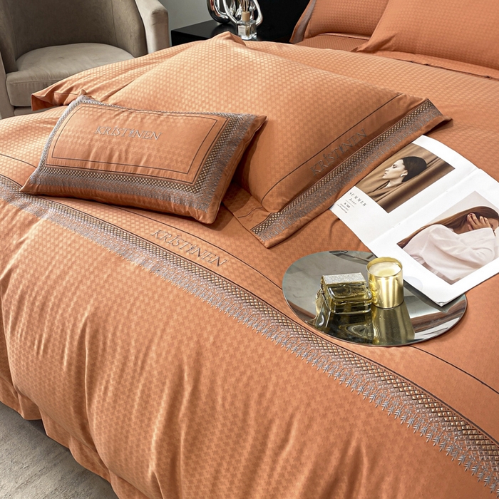 91家纺网 家纺一手货源 找家纺 安妮 2023新款简约提花刺绣四件套-缇娜夫人 缇娜夫人-桔