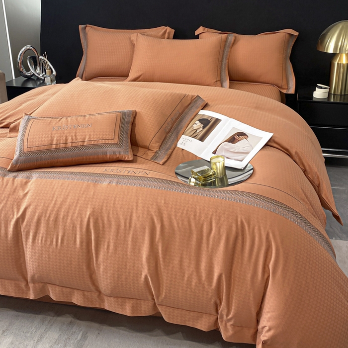 91家纺网 家纺一手货源 找家纺 安妮 2023新款简约提花刺绣四件套-缇娜夫人 缇娜夫人-桔