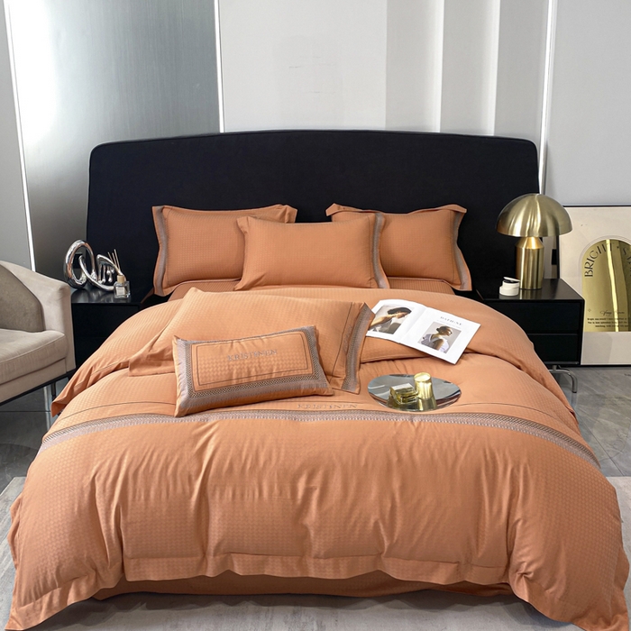 91家纺网 家纺一手货源 找家纺 安妮 2023新款简约提花刺绣四件套-缇娜夫人 缇娜夫人-桔