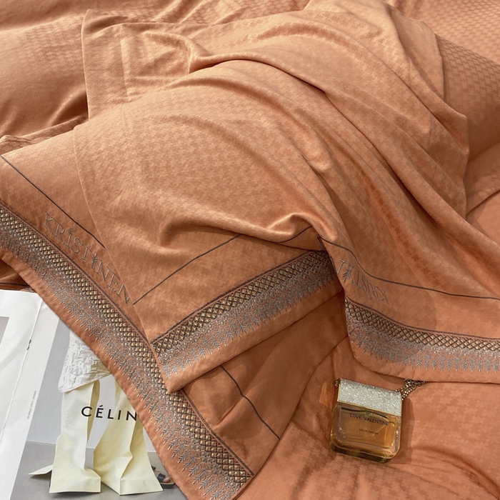 91家纺网 家纺一手货源 找家纺 安妮 2023新款简约提花刺绣四件套-缇娜夫人 缇娜夫人-桔