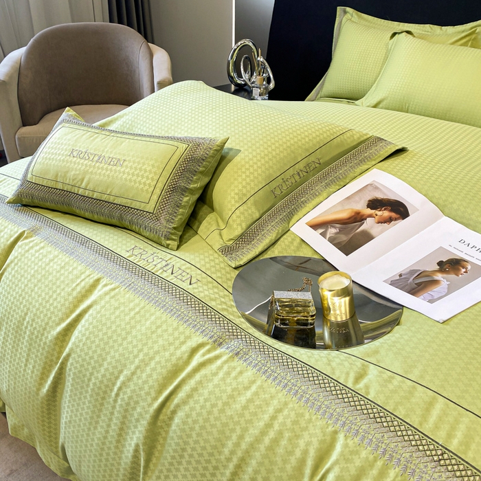 91家纺网 家纺一手货源 找家纺 安妮 2023新款简约提花刺绣四件套-缇娜夫人 缇娜夫人-果绿