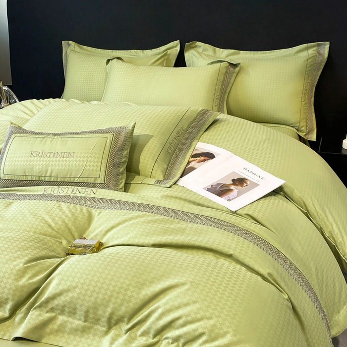 91家纺网 家纺一手货源 找家纺 安妮 2023新款简约提花刺绣四件套-缇娜夫人 缇娜夫人-果绿